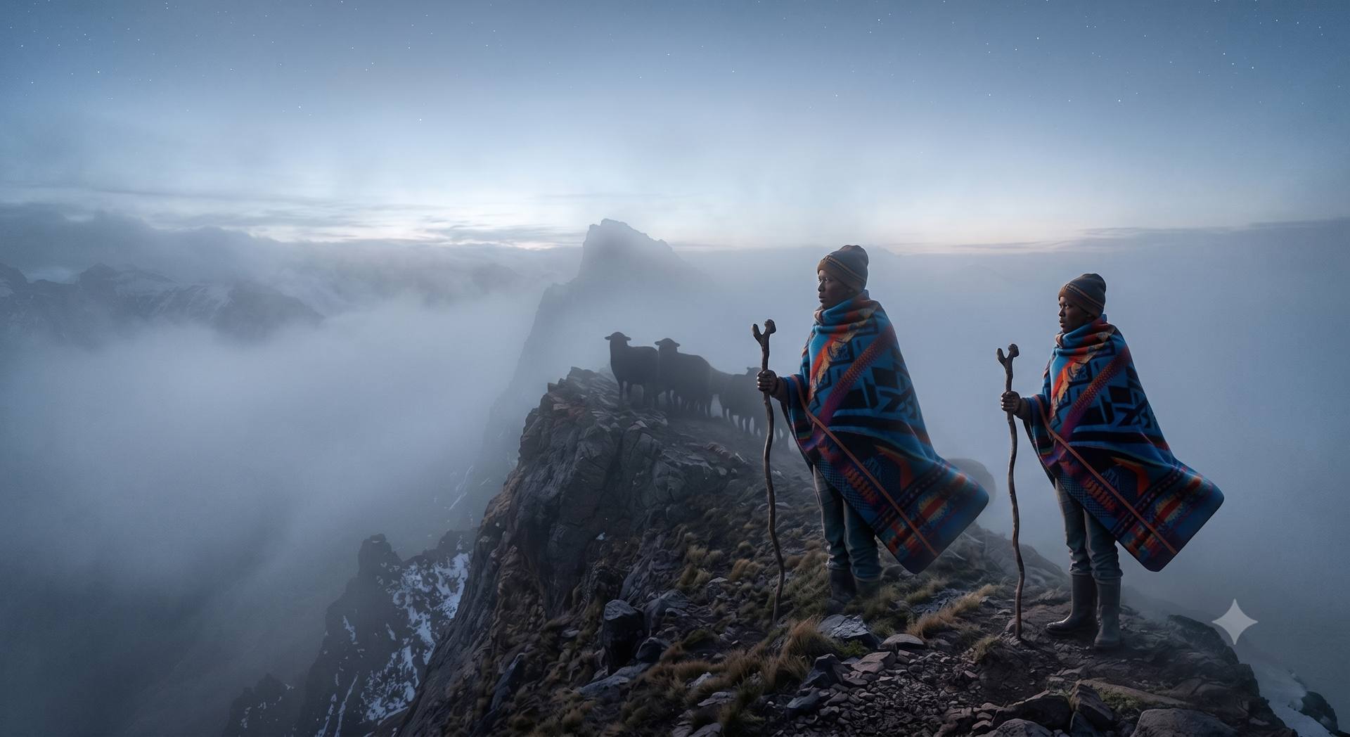 Two figures in Basotho blankets on a mountain ridge at dawn, overlooking the Maloti range.