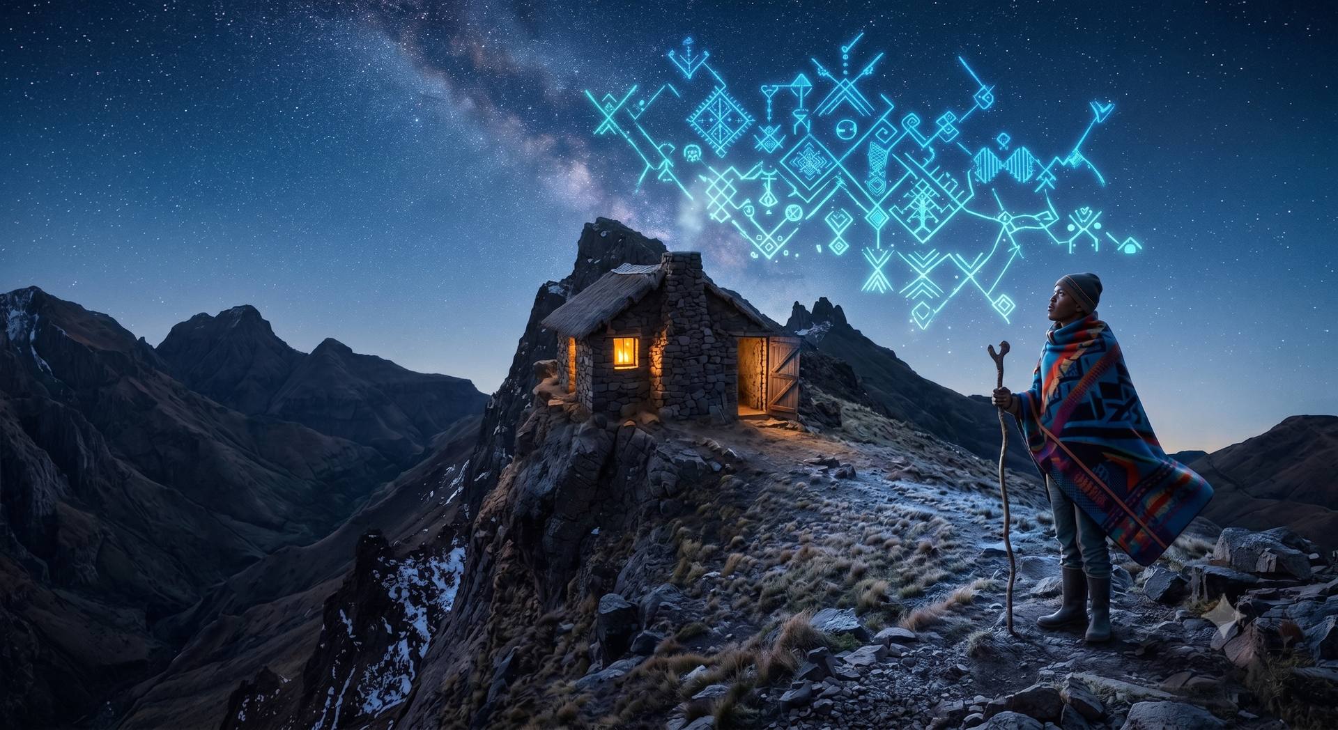 A stone shelter on a mountain ridge under a night sky, with a glowing network of connected nodes overhead.