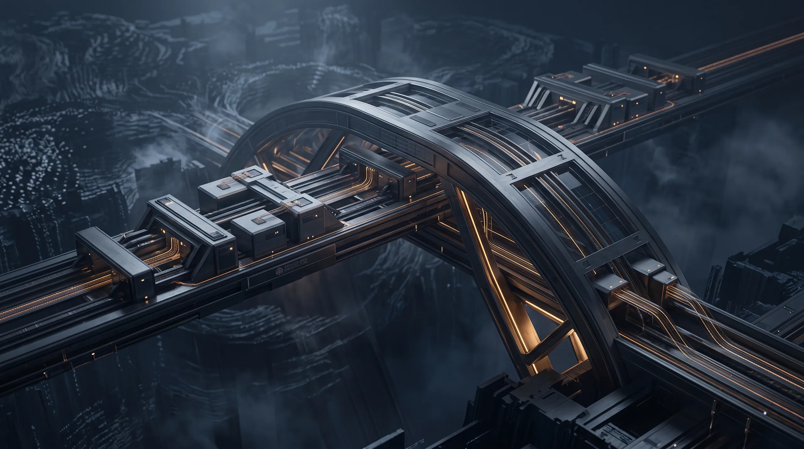 An engineered bridge of connected systems spanning a dark valley.