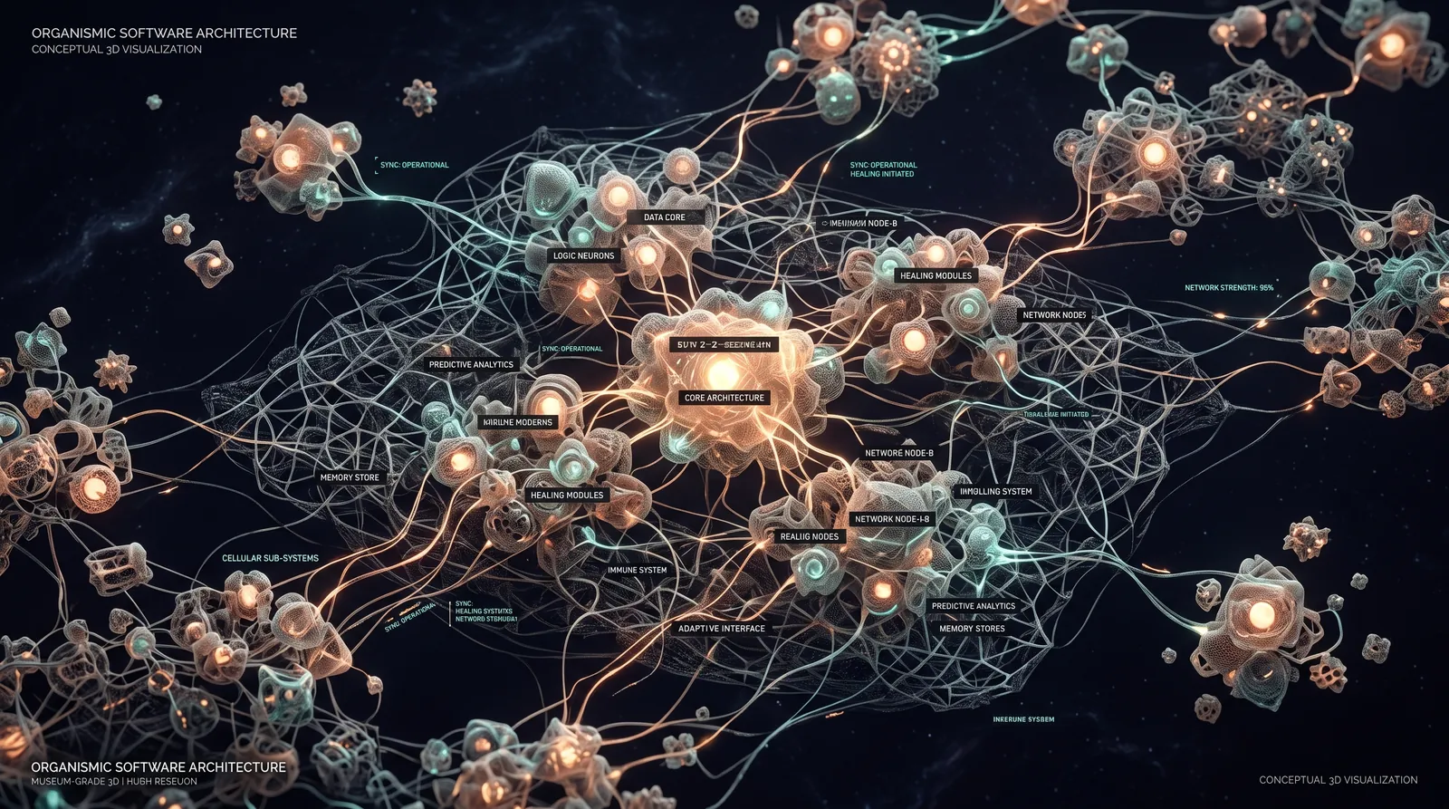 A living network of interconnected system nodes, drawn like an organism.