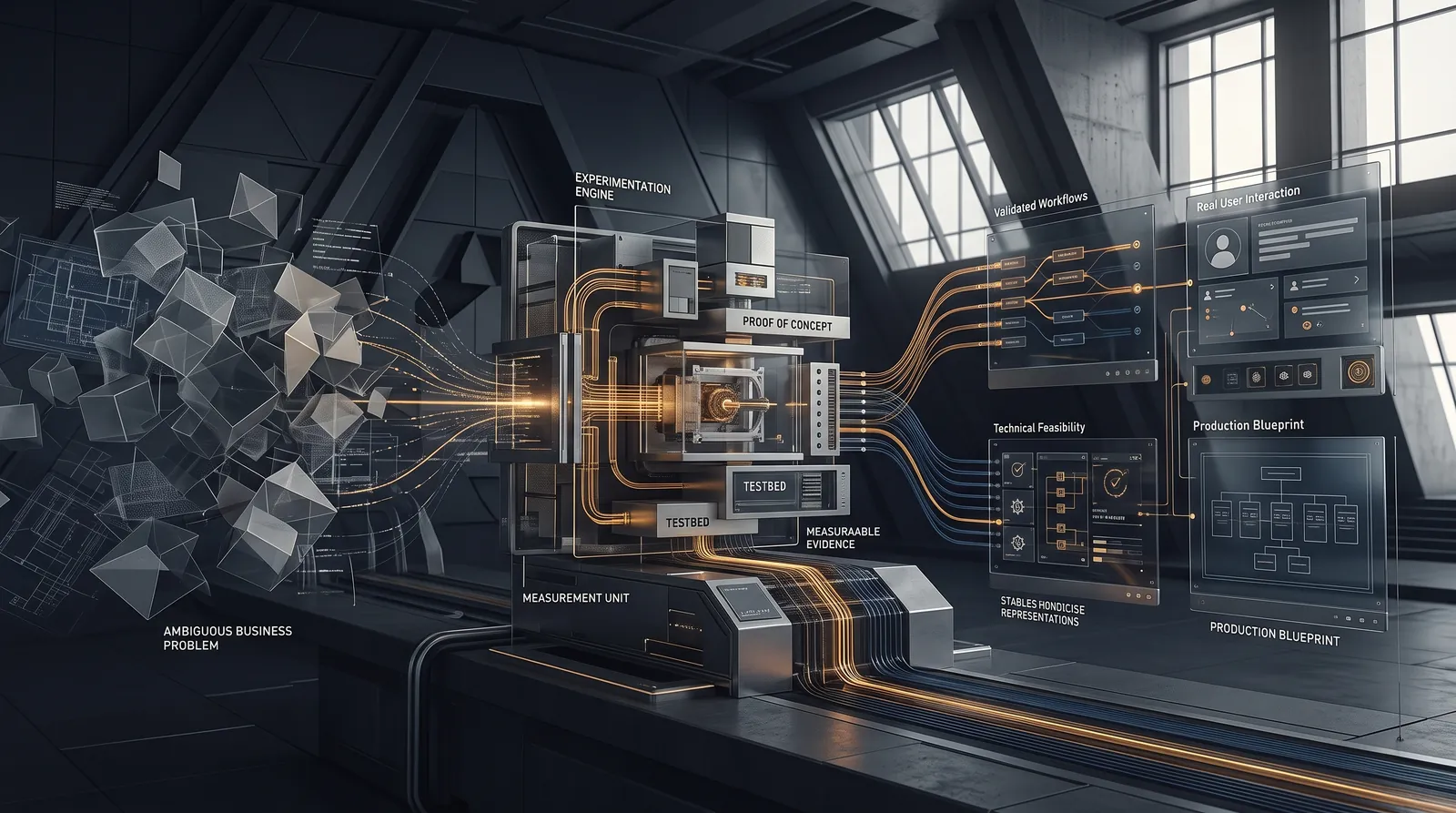 An ambiguous business problem being measured and turned into a production blueprint.