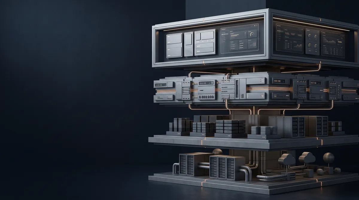 Layered enterprise infrastructure, from servers to dashboards.