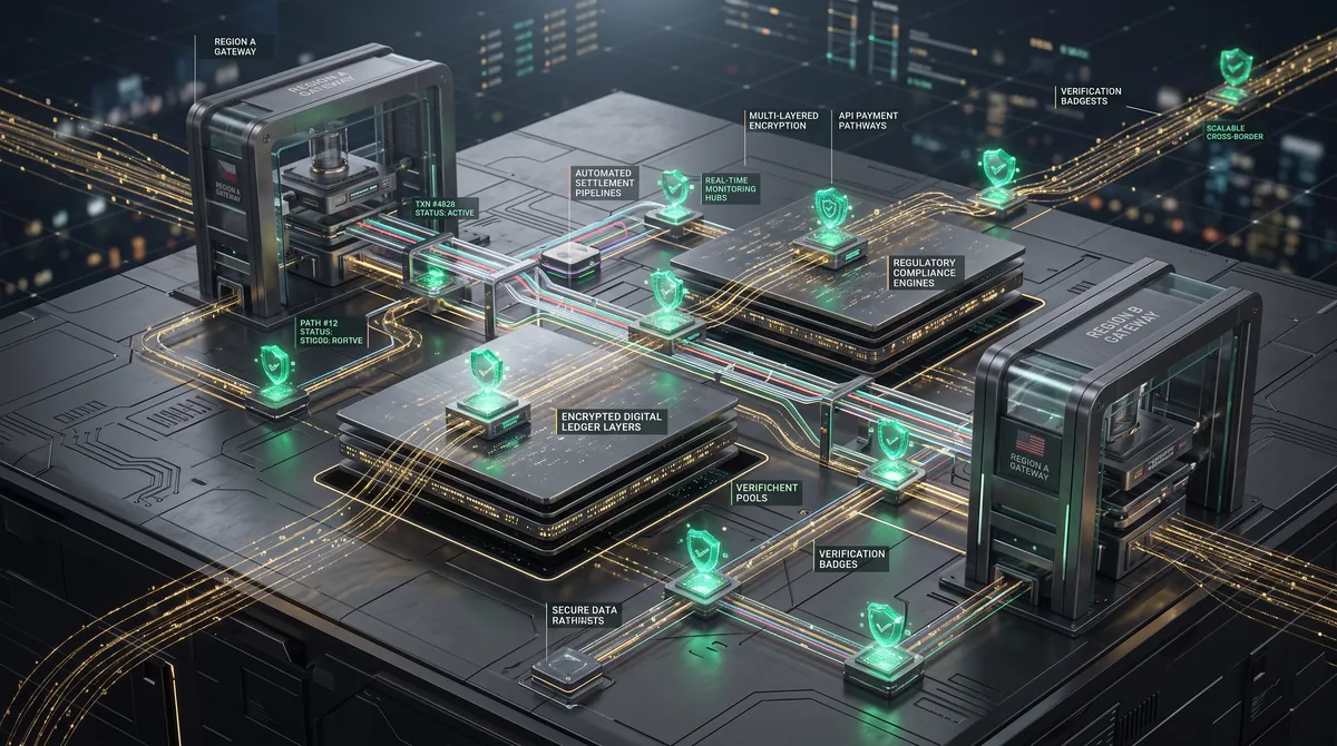Encrypted payment pipelines with verification checkpoints.