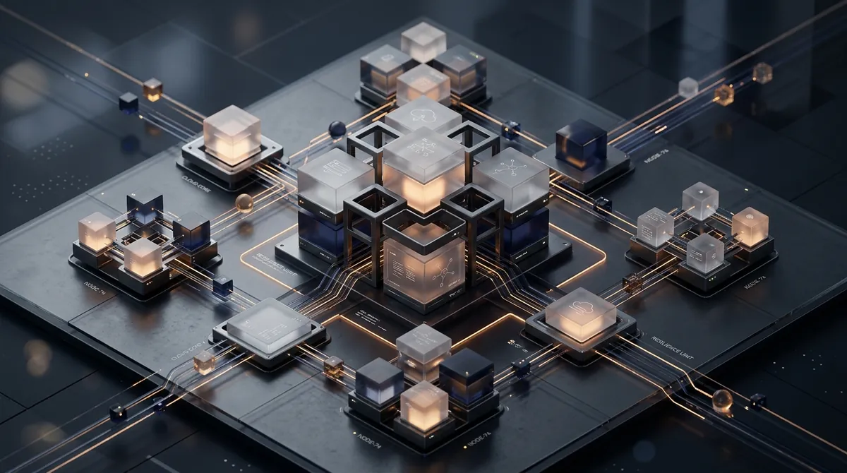 Glowing product modules being assembled around a core.