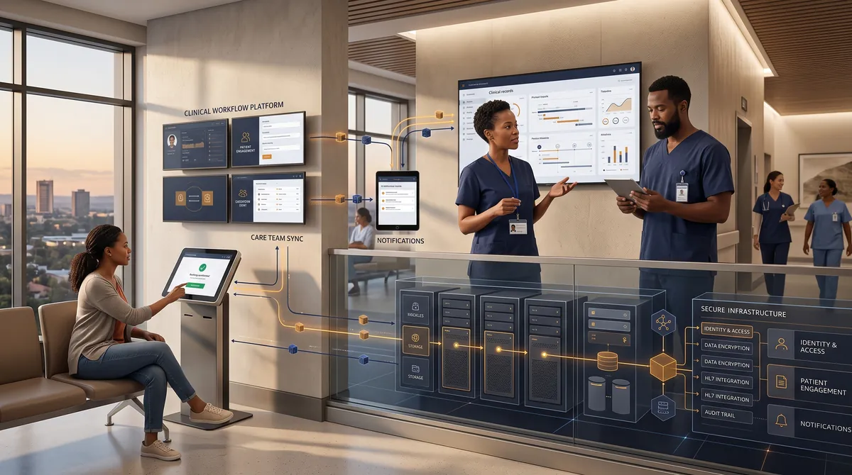 Clinicians using a clinical workflow platform in a modern clinic.
