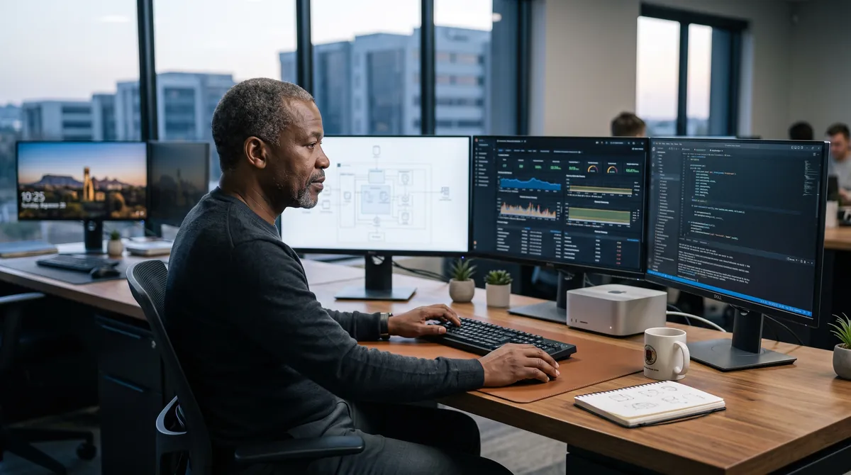 A senior engineer reviewing architecture diagrams across three screens.