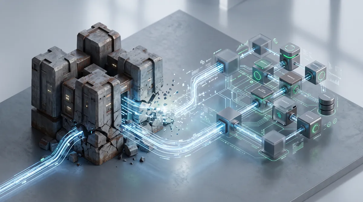 A weathered monolith breaking apart into clean, connected cloud services.