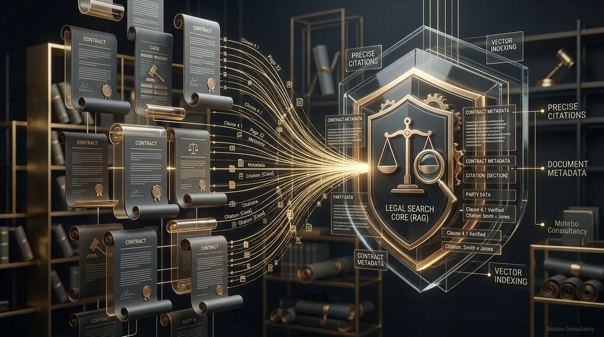 Legal documents flowing into a retrieval engine with precise citations.