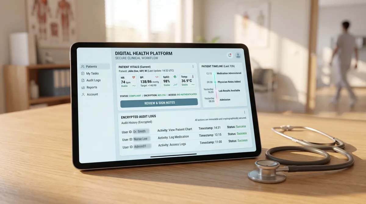 A digital health platform on a tablet next to a stethoscope in a clinic.