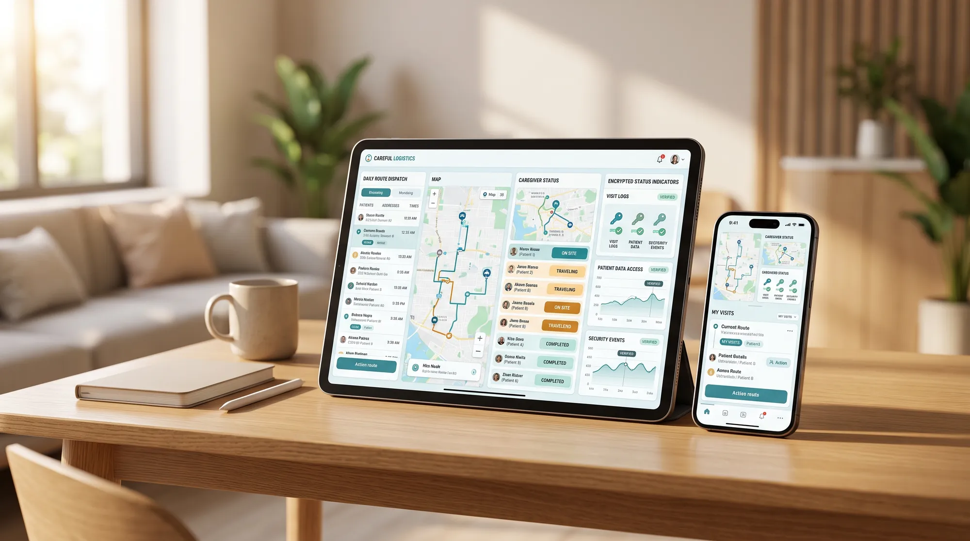 A tablet and phone showing the HomeNurse visit-management app.