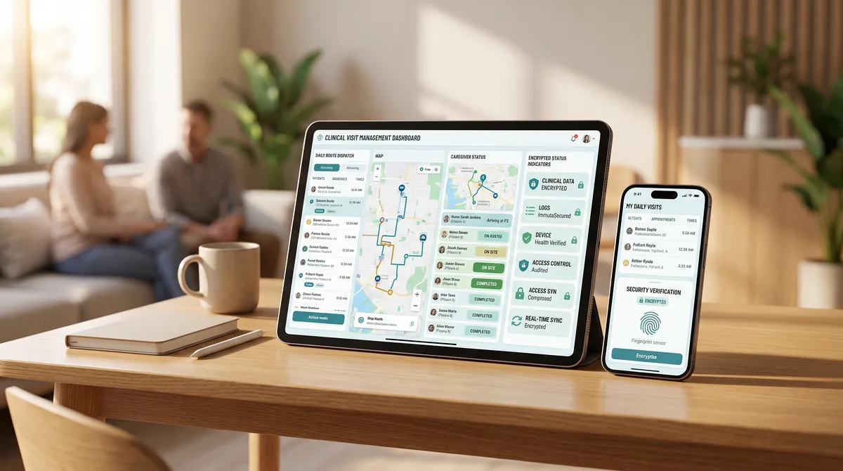 A tablet and phone showing the HomeNurse visit-management app.